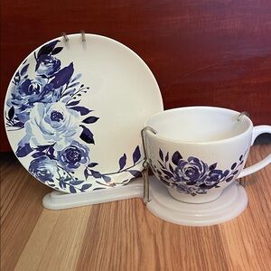 Blue Floral Ceramic Teacup and Saucer Set - White and Blue